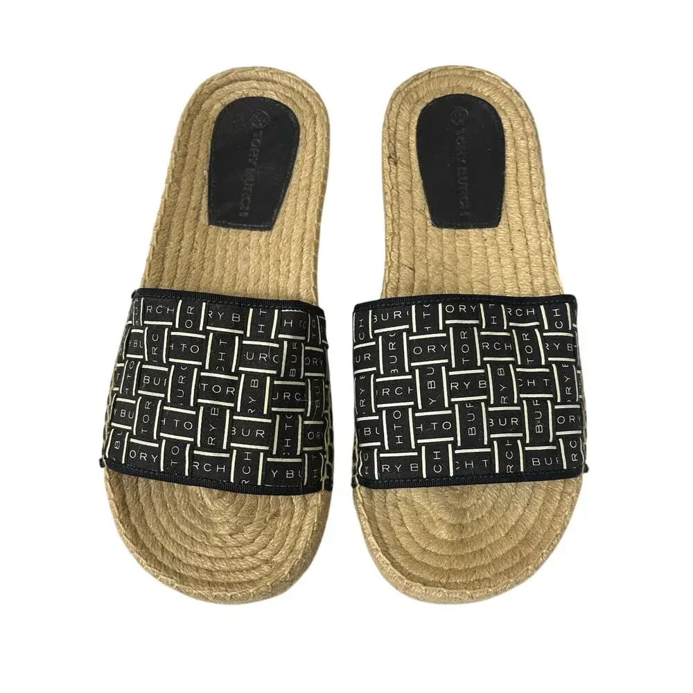 Tory Burch Logo Perfect Navy & White Ribbon Espadrille Herringbone New